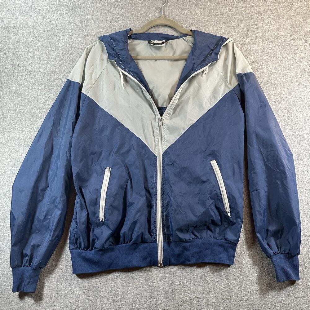Skor Action Wear Vntg Colorblock Windbreaker Jacket Blue Gray Hooded Zip Front L